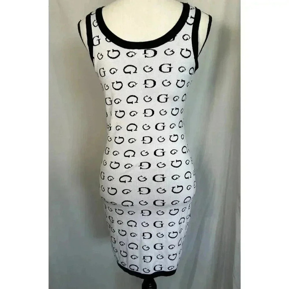 GUESS Monogram G Logo Mini Dress Black White Knit Bodycon Sheath Women’s Size M - Picture 3 of 12